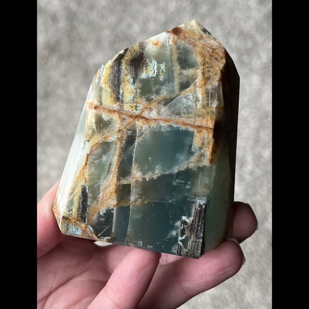 Lemurian Aquatine Calcite/Brazilian Blue Onyx Point (Polished) - Picture 12 of 17